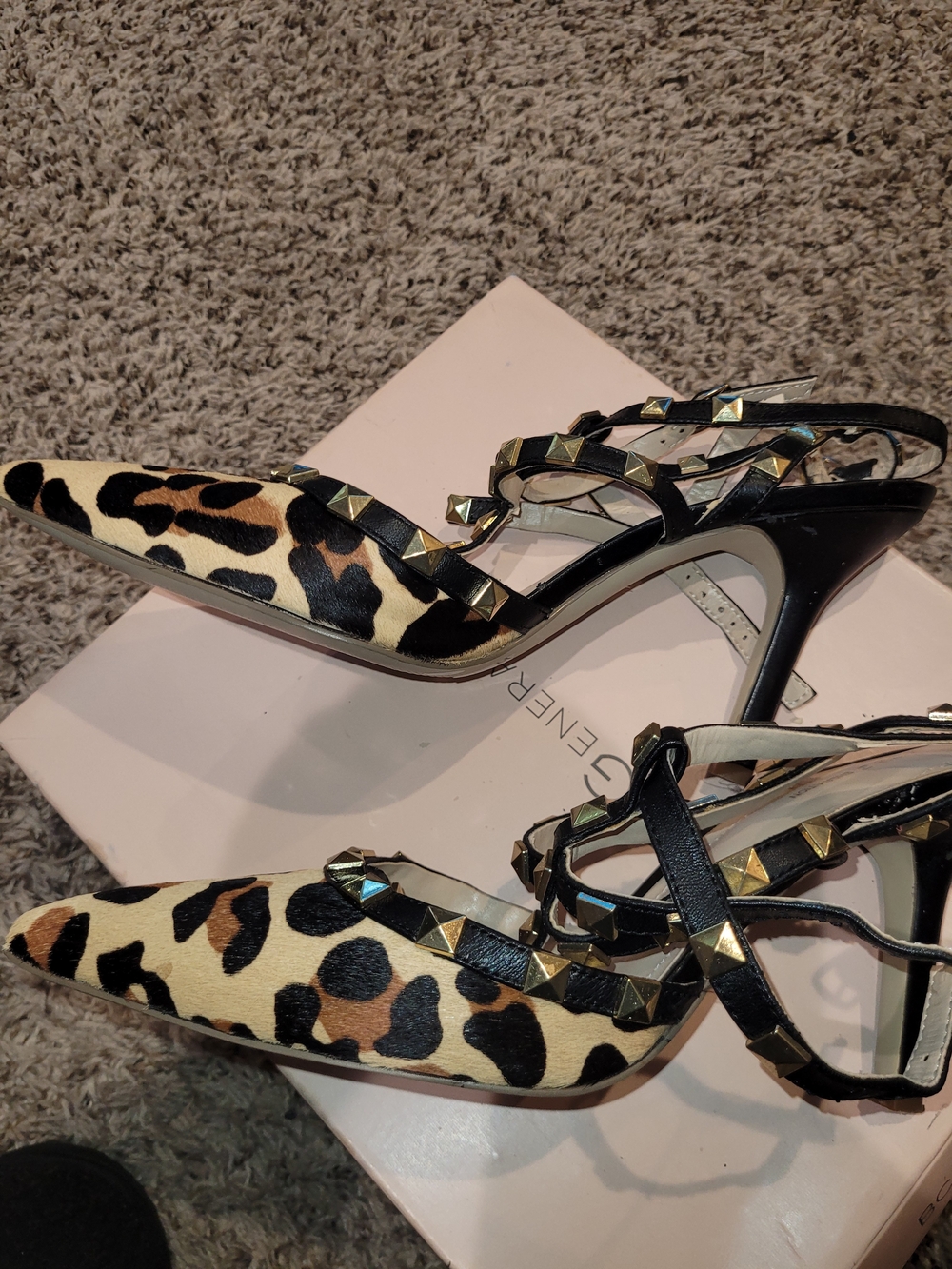 BCBGeneration Leopard Print Studded Strappy Pointed Heels. - Picture 8 of 10